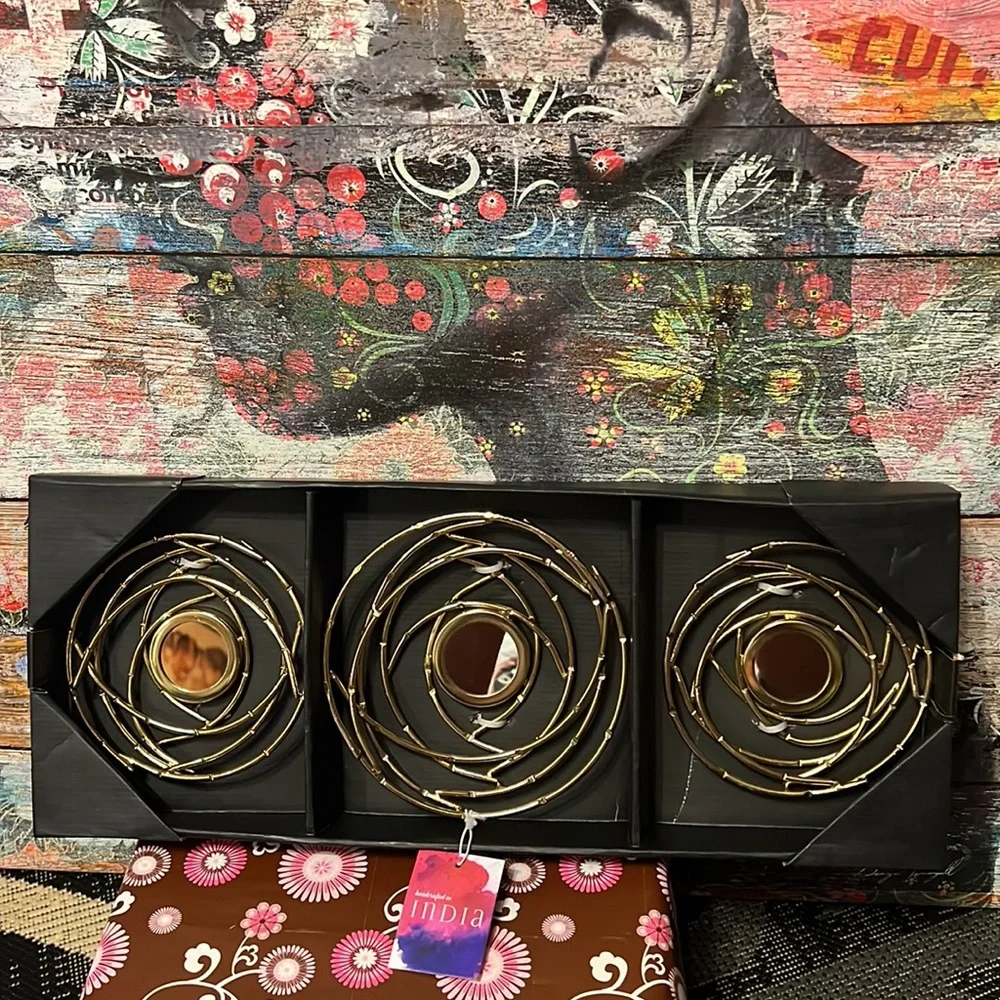 New Set 3 Handcrafted in India Gold-Tone Metal Mirrored “Bird Nests” Wall Decor